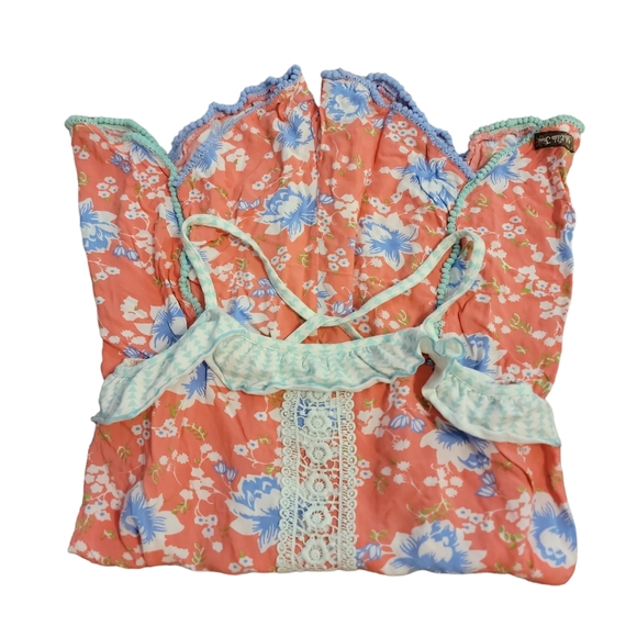 Matilda Jane Girls Romper Size 14 Lightweight Orange Blue Lace Ruffle - Picture 4 of 6